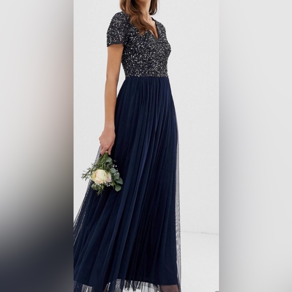 Maya Bridesmaid v-neck maxi tulle dress with tonal delicate sequins in navy